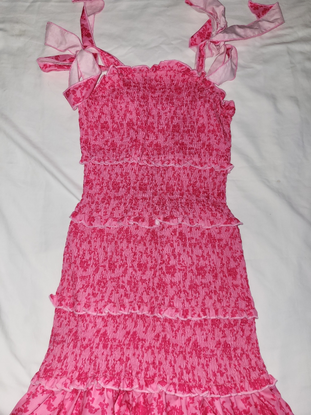 SHEIN Pink Tiered Smocked Sundress with Bow Shoulder Ties